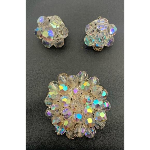 Vintage Aurora Borealis Brooch And Clip On Earring Lot Set Unmarked - Picture 1 of 4